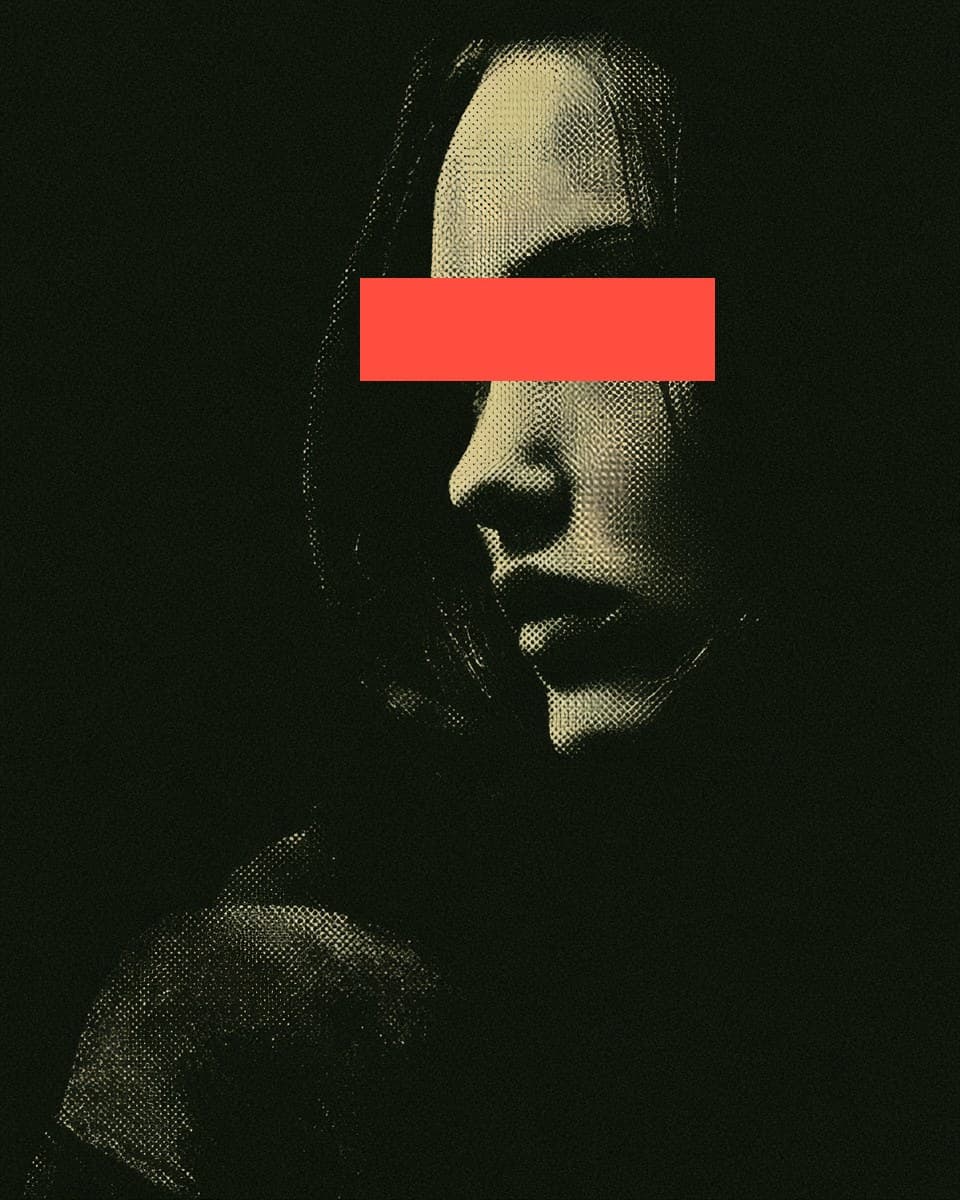 A woman's face in halftone, eyes redacted